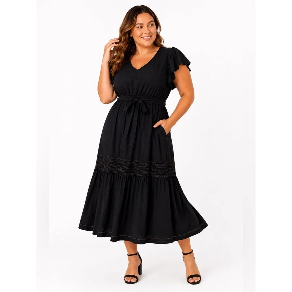 ava and viv black dress Women's Flutter Short Sleeve Tiered Midi Wrap Dress